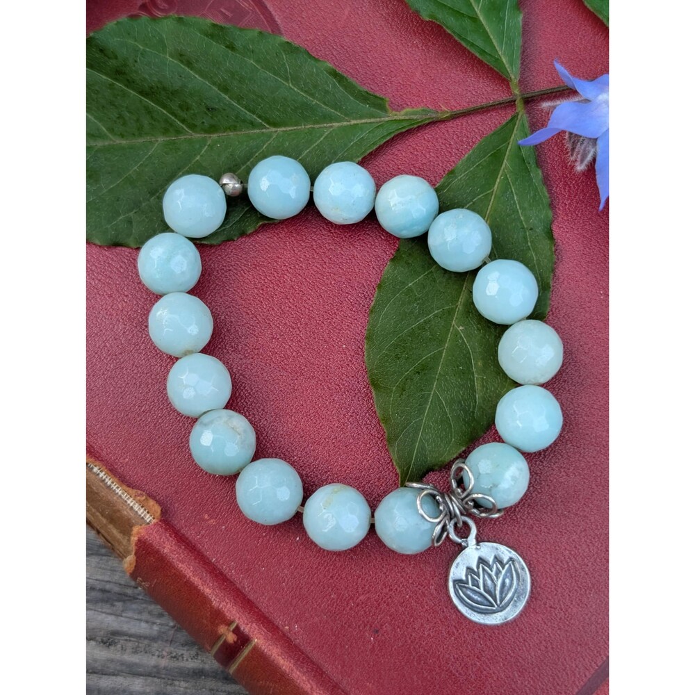 Vintage Sterling Amazonite Bead Bracelet, Lotus Zen Bracelet - Picture 3 of 10